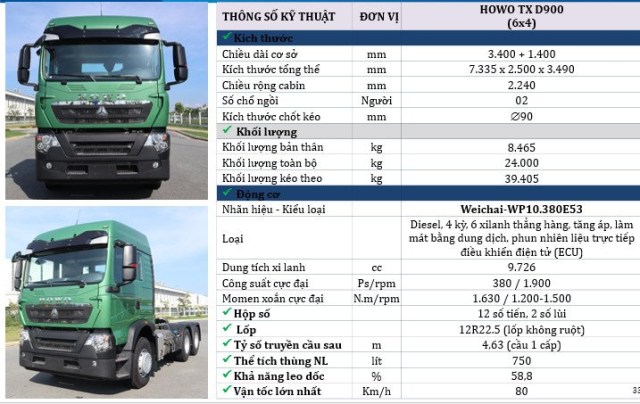 Xe đầu kéo Howo TX D900 (6x4 4 chân)
